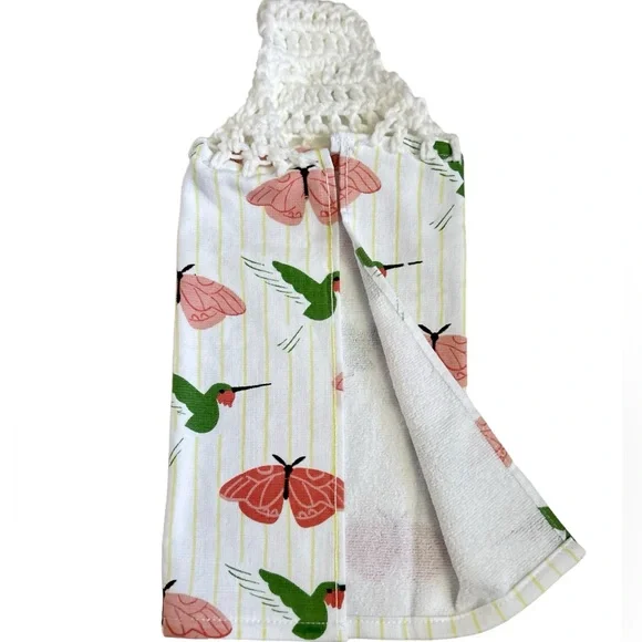 Hand Crafted Colorful Hummingbirds Butterflies Hanging Hand Towel Crochet Top - Picture 5 of 8